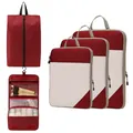 Wine red compression packing cubes set with breathable mesh panel for travel storage - Five-Piece Set / Red