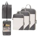 Premium gray compression packing cubes set with a hanging toiletry bag for travel. - Five-Piece Set / Gray