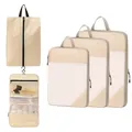 Premium beige compression travel packing cubes set with hanging toiletry and shoe bags - Five-Piece Set / Beige