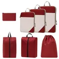 Red diamond pattern compression travel organizer set for clothes and shoes - 7-piece Set / Red