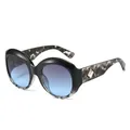Trendy oversized round sunglasses featuring marbled temples and blue gradient tint lenses - Black Tortoise Frame Grey Blue Lens