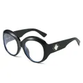 Stylish oversized glossy black round frame glasses featuring a crystal temple accent - Black Frame Clear Lens