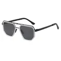 Gafas de sol polarizadas para hombre en metal plateado y negro con montura geométrica grande - Montura Transparente Lentes Gris Negro