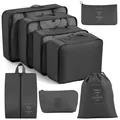 Professional 7-piece dark gray travel packing cubes set made of durable cationic oxford cloth. - 8-Piece Digital Set / Black