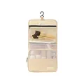 Hanging travel toiletry bag in cream polyester with multiple mesh pockets and hook - Hanging Toiletry Bag / Beige