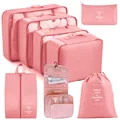 7-piece coral pink travel packing cubes organizer set with a hanging toiletry bag - Standard Hook Style (8-Piece Set) / 8-Piece Set / Pink