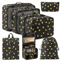 7-piece travel packing organizer set with black oxford cloth lemon pattern print - Lemon Print (Hook 8-Piece Set) / 8-Piece Set / Black