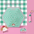 Portable green checkered foldable mini sun umbrella with cute puppy pattern and pink trim - 5-Fold 6-Rib Puppy (YF-W2026003) / Green Plaid