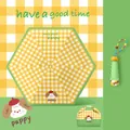 Cute yellow checkered mini five-fold portable umbrella with puppy design and storage bag - 5-Fold 6-Rib Puppy (YF-W2026003) / Yellow Plaid