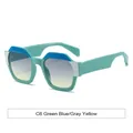 Trendy teal and blue polygonal square sunglasses with gradient lenses for women UV400 - Green Blue Frame Gray Yellow Lens