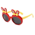 Cute children's polarized sunglasses featuring red bunny ears and yellow decorative bows - Rabbit Ears Bow Style (23010) / Red Frame Dark Grey Lens