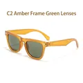 Gafas de sol retro con montura ámbar y lentes verde oscuro con remaches decorativos - Montura Ámbar Lente Verde (C2)