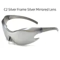Futuristic Y2K wrap-around sunglasses featuring silver mirror lenses and frame finish. - Silver Frame White Mirror Lens