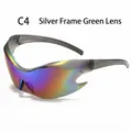 Y2K futuristic rimless sunglasses with silver frame and iridescent green lenses - Silver Frame Green Mirror Lens
