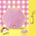 Mini portable 5-fold sun umbrella with pink checkered pattern and cute puppy print - 5-Fold 6-Rib Puppy (YF-W2026003) / Pink Grid
