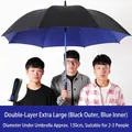 Extra large 130cm double-layer golf umbrella for 2-3 people, black and blue finish - 3-Person Umbrella / 130cm Diameter-Double Layer / Black with Blue Interior