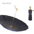 Premium navy blue 16-rib windproof folding umbrella with a stylish wooden handle - 16 Ribs Foldable Umbrella / Navy Blue
