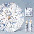 Elegant blue and white floral 24-rib folding umbrella with matching tote bag set - Jasmine Blue (3-Fold 24-Rib)