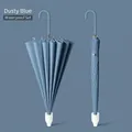 Premium 16-rib long-handle automatic umbrella in misty blue color with waterproof cover - 16 Ribs 105CM (With Waterproof Sleeve & Leather Curved Handle) / Mist Green