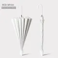 Elegant milk white 16-rib long handle straight umbrella with a waterproof cover sleeve - 16 Ribs 105CM (With Waterproof Sleeve & Leather Curved Handle) / Milky White