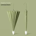 Matcha green 16-rib long handle umbrella featuring a dedicated waterproof storage cover - 16 Ribs 105CM (With Waterproof Sleeve & Leather Curved Handle) / Matcha Green