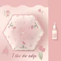 Portable pink five-fold mini sun umbrella with tulip print and matching pouch for girls - Pink Butterfly Love - Tulip (Pink Edging) / 6 Ribs / Pink