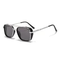 Retro silver double bridge sunglasses with metal punk side shields and dark lenses. - Silver Frame Grey Lens