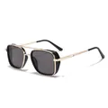 Gafas de sol retro punk de doble puente con montura de metal dorado y lentes negras - Marco Dorado Lente Gris Negro