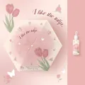Ultra-light pink aesthetic umbrella with tulip print and matching storage sleeve - Pink Butterfly Love - Tulip (Rose Style) / 6 Ribs / Pink