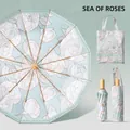 24-rib light blue folding sun umbrella with rose floral print and matching tote bag - Rose Sea (3-Fold 24-Rib)