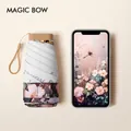 Mini portable floral folding umbrella for sun and rain protection with tan handle and strap - Fabric Sleeve Style / Glazed Dragonfly Dream