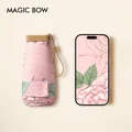 Mini portable UV umbrella in pink floral design with smartphone size comparison - Fabric Sleeve Style / Pink Flower City