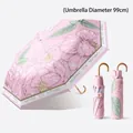 Portable pink floral folding umbrella with 99cm diameter and golden U-shaped handle - UPF50+ (Diameter: 99cm) / Pink Flower City