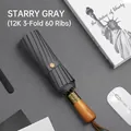 Starry sky grey automatic umbrella with 60-rib reinforced frame and wooden handle - Solid Wood Large Automatic Reverse Umbrella (60 Ribs) / 60 Ribs Reinforced Structure / Mist Grey
