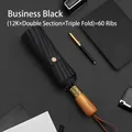Automatic reinforced business black folding umbrella with 60-rib windproof structure - Fully Automatic Series / Large Size Black Coating Sun & Rain / Solid Wood Handle - 60 Ribs / Business Black