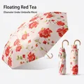 Portable folding sun and rain umbrella with red floral pattern and 99cm diameter - UPF50+ (Diameter: 99cm) / Black Tea Floral