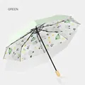 Folding floral umbrella in green for sun and rain protection with wooden handle - Fresh Green (Cool Fragrance Green)