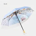 Elegant sky blue folding sun umbrella with white daisy floral print for UV protection - Breezy Bloom (Sky Blue)