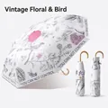 Vintage floral print compact folding umbrella for sun and rain with 99cm diameter. - UPF50+ (Diameter: 99cm) / Vintage Flower Bird