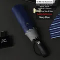 Navy blue 10-rib automatic folding umbrella featuring safety reflective strip for rain and sun - 10-Rib Automatic / Navy Blue