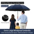 Paraguas grande azul marino resistente al viento de 130cm para 3 personas - Estilo 10 Varillas Manual Revestimiento Negro / Diámetro Extra Grande 125cm / Azul marino