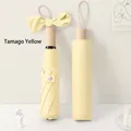 French retro folding umbrella in Tamago Yellow with wooden handle and bow - Manual] wooden handle] 8 bones-beige / Vinyl rain-folding umbrella series