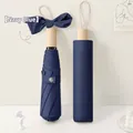 Vintage foldable navy blue umbrella with decorative bow handle and matching sleeve - Manual] wooden handle] 8 bones-navy blue / Vinyl rain-folding umbrella series