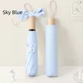 Elegant sky blue French retro folding umbrella with bow design for sun and rain protection - Manual] wooden handle] 8 bones-light blue / Vinyl rain-folding umbrella series