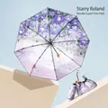 Portable five-fold sun umbrella with purple floral pattern and double-layer UV protection - Double Layer Pattern / Mini 8 Ribs / Starry Violet (With Tote)