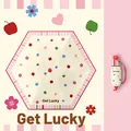 Mini 5-fold umbrella with 'Get Lucky' print, cream canopy with apple and heart patterns - Upgraded 6 Ribs Rain and Shine Umbrella / Flower Dance Red