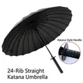 Black 24-rib windproof long handle umbrella with katana-style sword handle - 23 Inch / Black (24-Rib Automatic Katana Umbrella)