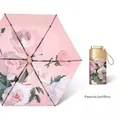 Compact five-fold floral sun and rain umbrella with artistic pink peony flower pattern - 6-Rib 6-Fold / Titanium Gold Version / Pink Peony