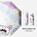 Compact white five-fold sun umbrella featuring a cute white rabbit hat cartoon design - Digital Print (5-Fold Mini Style) / 8-Rib 5-Fold Umbrella (With Eye Case) / White Rabbit Hat