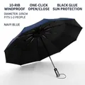 Navy blue automatic folding umbrella with 10-rib windproof design for sun and rain - 10 Ribs Enlarged / Navy Blue